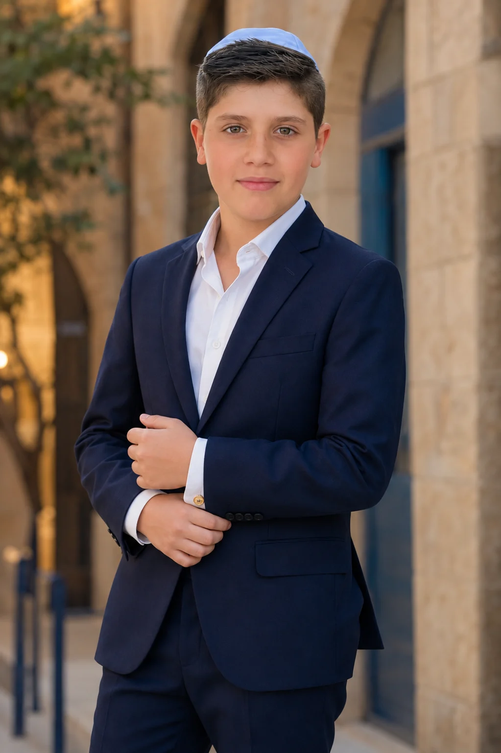 Portrait d’Ishay en costume bleu marine